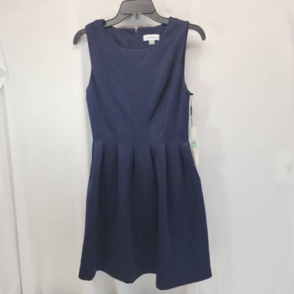 Calvin Klein Size 8 Petite Navy Blue Pleated Fit a Flare Dress S3 NWT - Picture 1 of 7